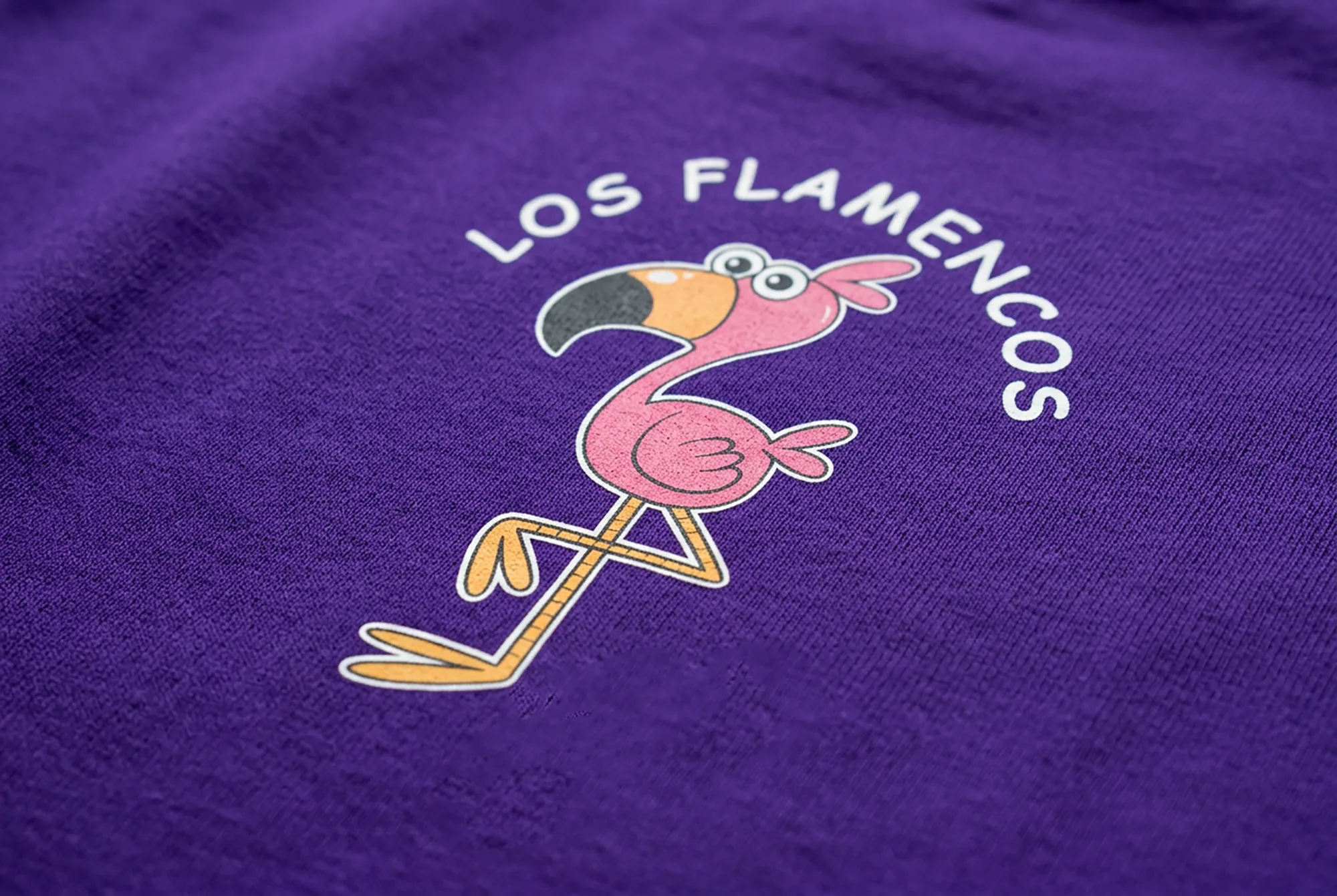 Detalle del estampado DTF de la mascota de una clase sobre camiseta morada de algodón