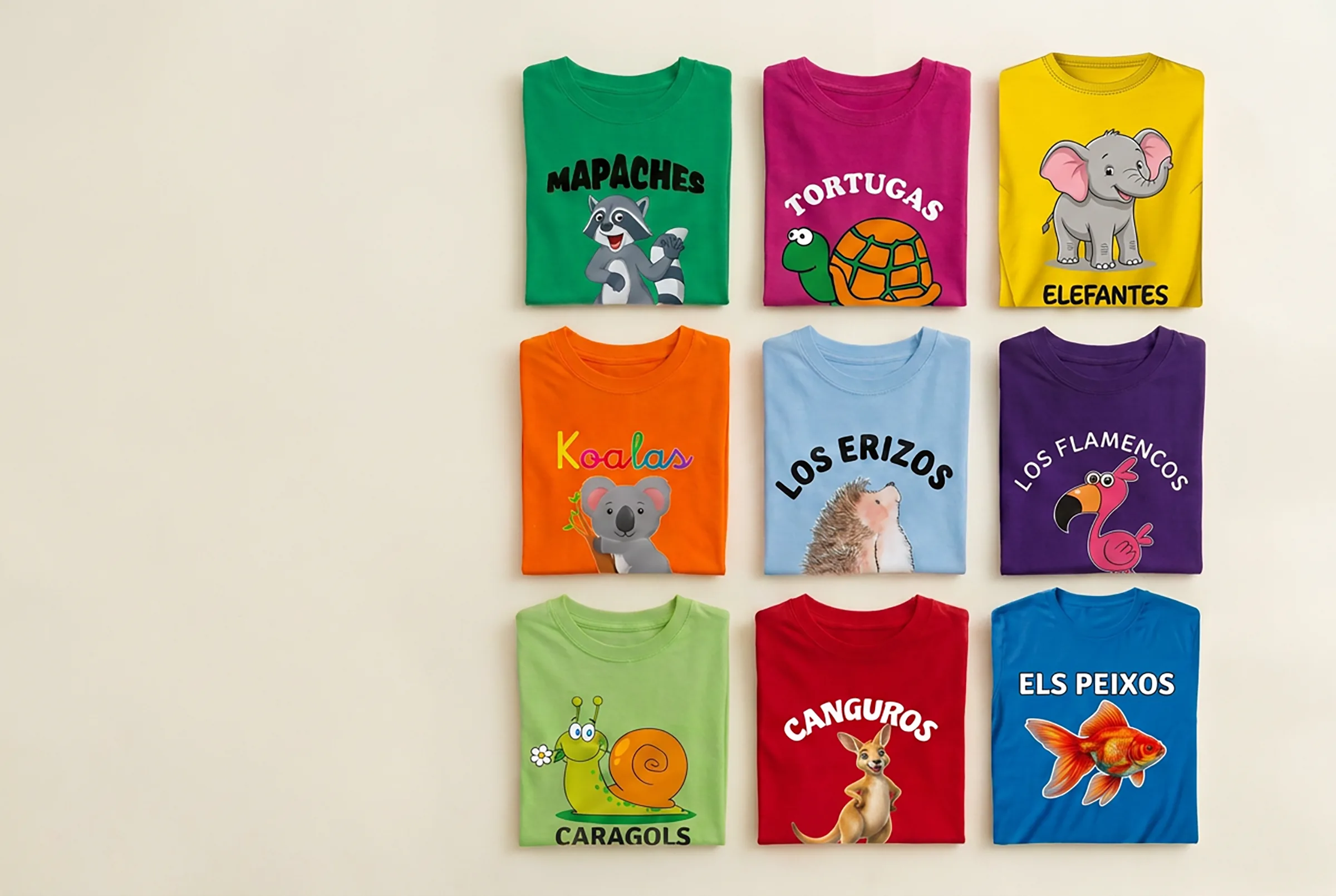 Nueve camisetas escolares dobladas, cada aula con un color y una mascota distinta