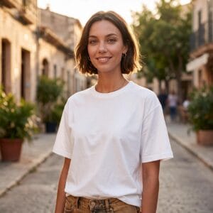 Mujer con camiseta oversize personalizada blanca de algodón pesado, corte unisex de hombro caído